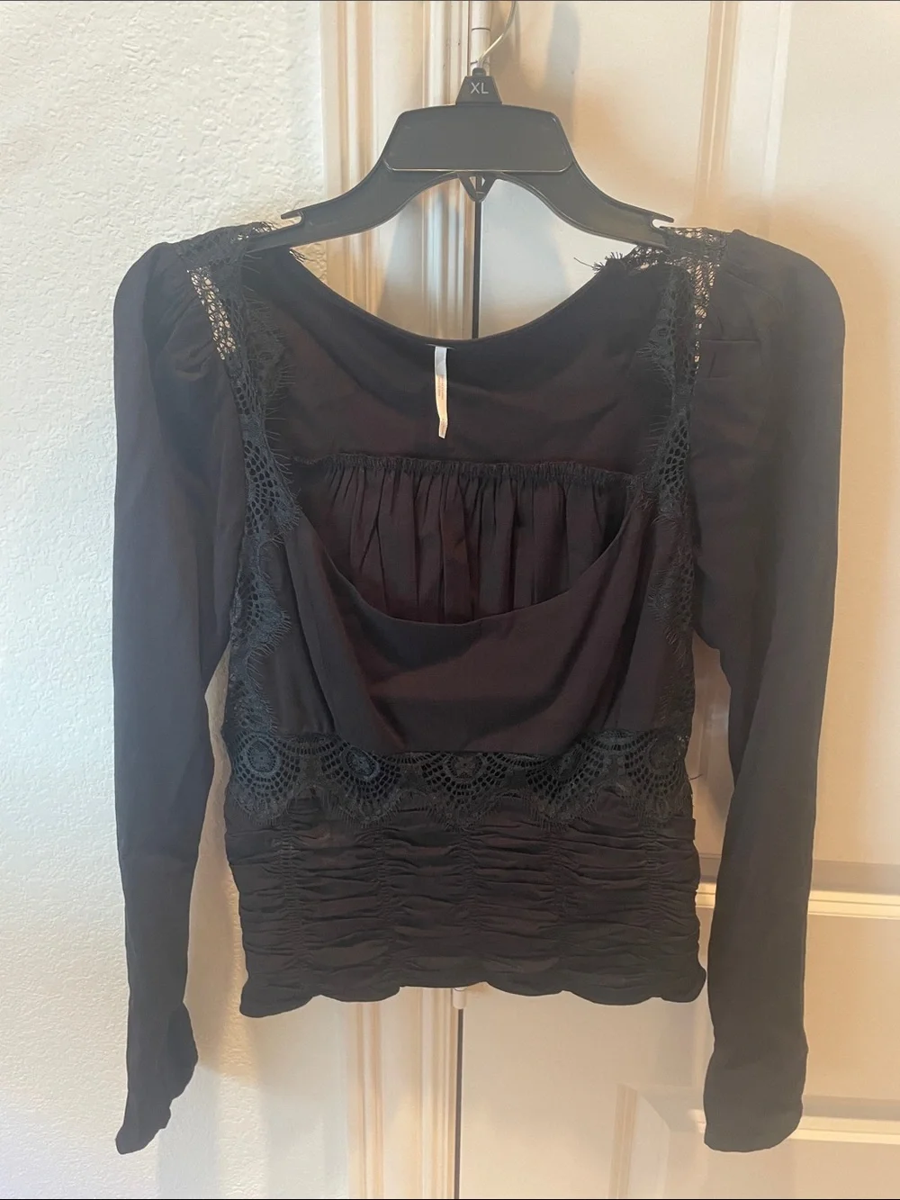 Free People Black Long Sleeve Lace-Trim Blouse